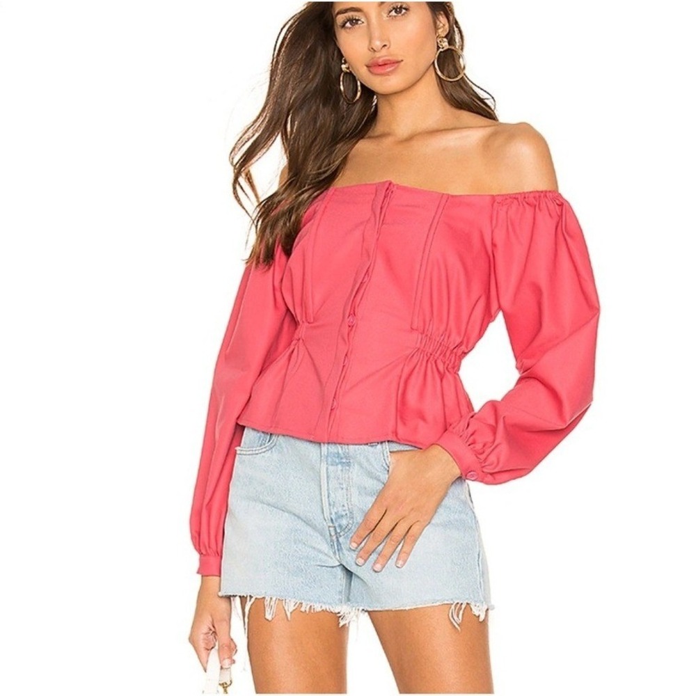 L'Academie Corset Top Womens Size S Pink Puff Sleeve Peplum Square Neck Button